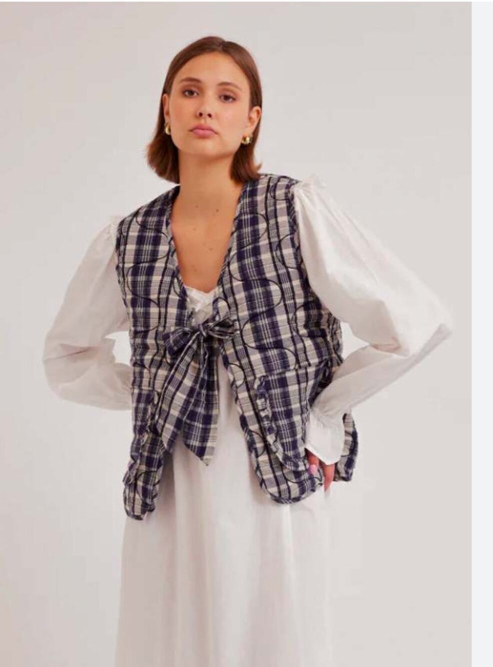Damson Madder Arte Toggle Vest UK6 US2 Quilted Plaid Tie-Front Navy Multi